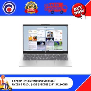 LAPTOP HP 14S EM0332/EM0333AU RYZEN 3 7320U|8GB |SSD512 |14″|W11+OHS